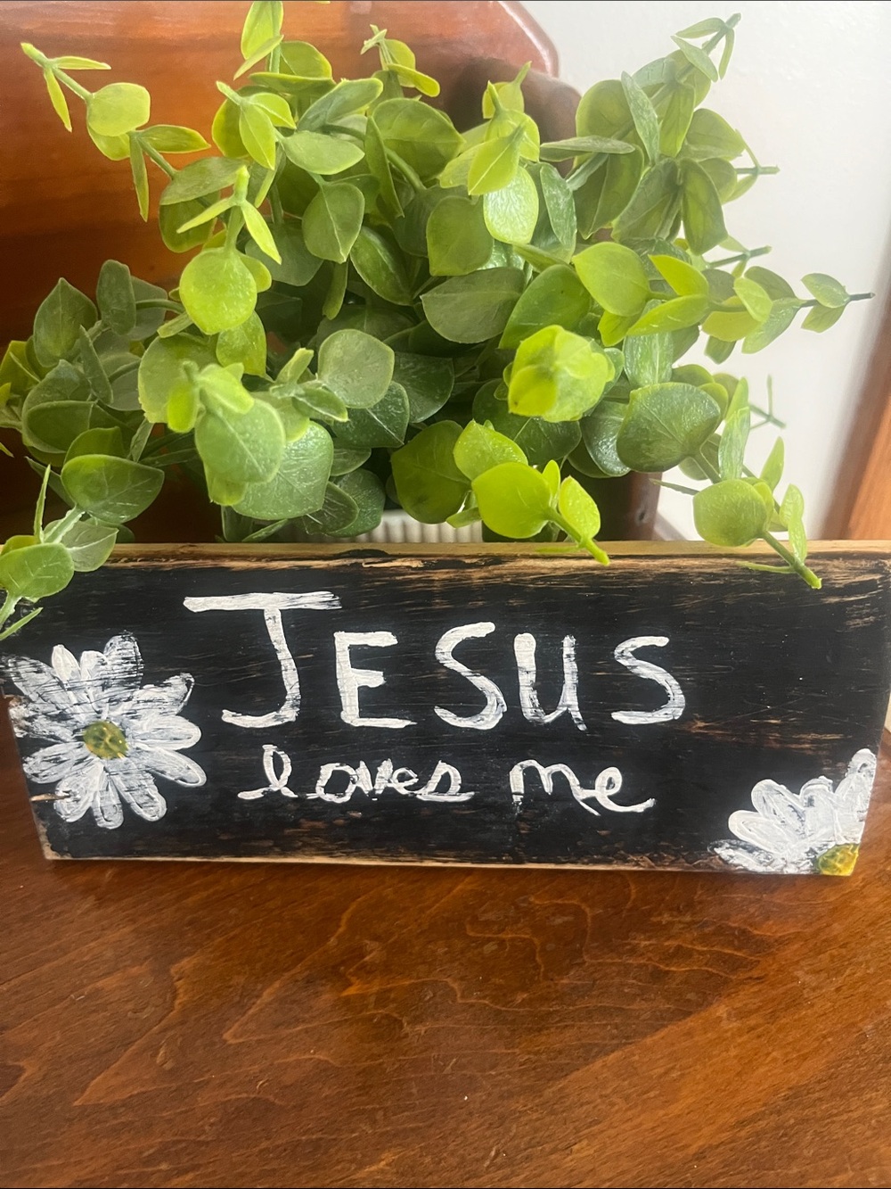 Rustic Hand Crafted Black "Jesus Loves Me" Wooden Sign with White Daisies